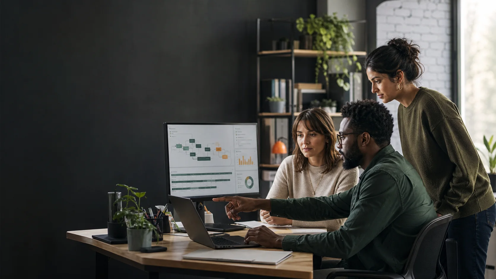 Business team reviewing work together at a computer